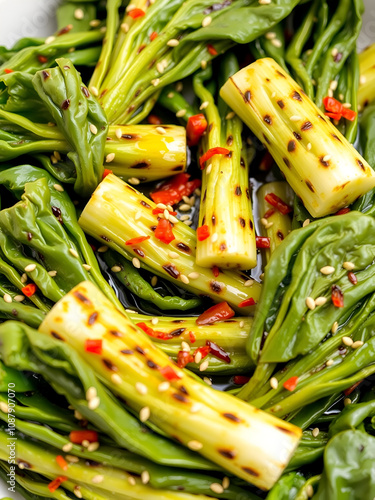 Grilled bok choy with char marks, floating with a splash of sesame oil, garnished with sesame seeds and chili flakes.