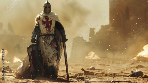 Dramatic portrait of a crusader knight in bloodstained armor and a white cape with a red cross, standing tall amidst a fiery battlefield, evoking heroism and intensity under a golden sunset. 