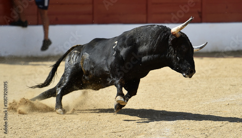 brave bull with big horns in a traditional spectacle of bullfight