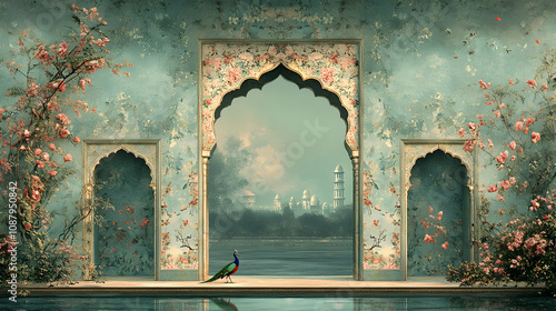 A Peacock Stands Before an Ornate Archway Leading to a Tranquil Garden and a Distant Cityscape, Surrounded by Lush Floral Decor and a Reflected Pool