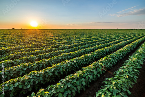 Golden sunset casting warm light over endless rows of soy crops in a rural farmland