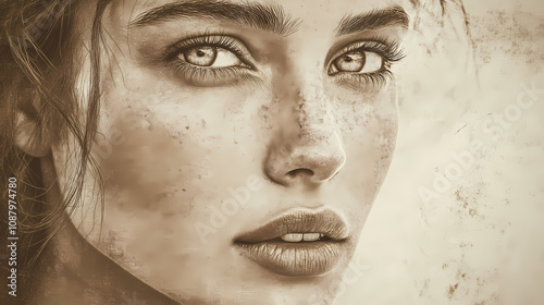 Close-up portrait of fair-skinned woman with sepia tone and vintage feel. Vintage Sepia Portrait. Illustration