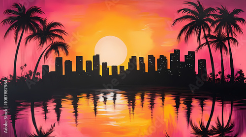 Painting of horizon with palmtrees silhouette, retro, miami vice style, reflections on water, city skyline buildings. Retro Synthwave Horizon. Illustration