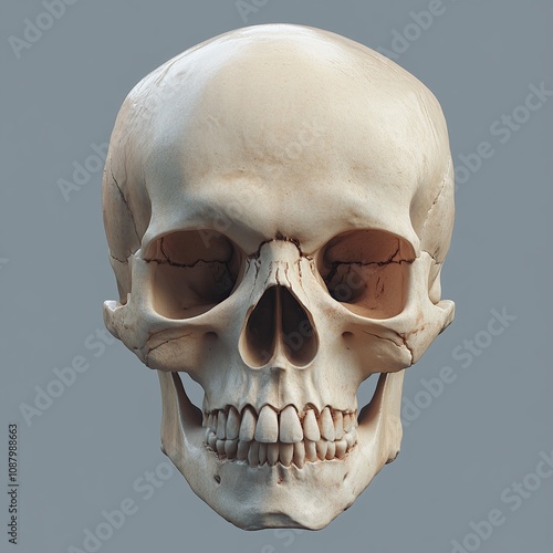 Human skull, isolated on a gray background, with visible teeth and eye sockets.