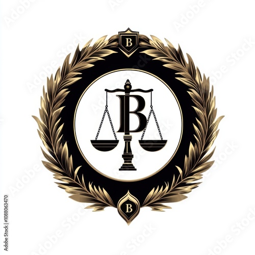 Elegant logo featuring a balanced scale, surrounded by a decorative laurel wreath, symbolizing justice and law.