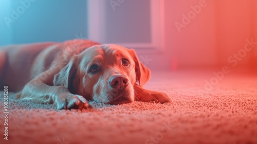 Golden retriever lying on carpet in low light with tired eyes and body language suggesting possible pain or illness