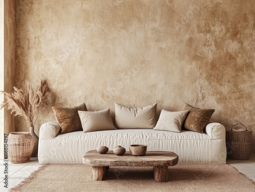 Beige Sofa in a Rustic Room with Earthy Tones