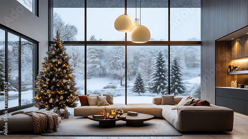 A modern living room with large windows showing snowfall outside, while festive decorations and a glowing tree add warmth inside 