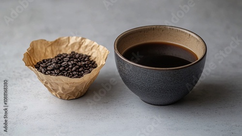 53.A detailed shot of a crumpled paper coffee filter filled with damp coffee grounds, set beside a cup of coffee on a clean grey background. The simplicity of the scene draws attention to the rich