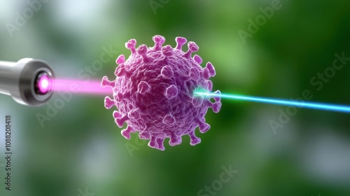 A 3D visualization of a virus being hit by laser beams, symbolizing medical technology and disease eradication.