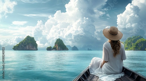 2410_034.joyful explorer on boat prow, breezy white ensemble, bohemian sun hat, cerulean sea, scattered jungle-covered islands, puffy white clouds, serene coastal panorama, wanderlust inspiration