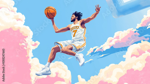 Basketball player dunking in a colorful cloudy sky