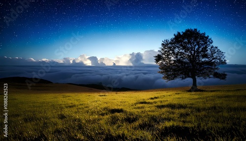 Solitude Under Starry Sky - A Lone Tree in a Meadow