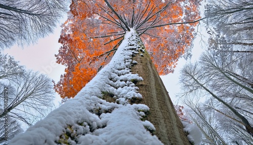 View from the bottom of a poplar tree to the top. Snow on the trunk of the tree, autumn leaves on top.