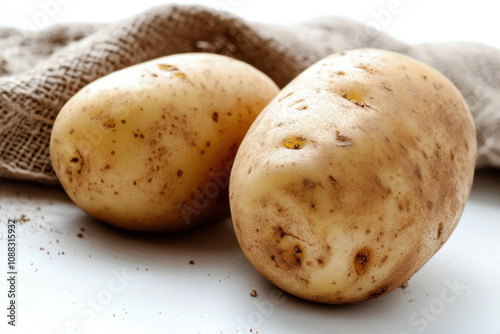 Two potatoes on a white surface.