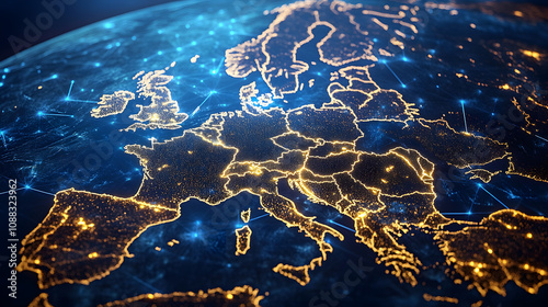 Digital map of Western Europe, concept of European Union network and connectivity, data transfer and cyber tech, business and information exchange and telecommunication