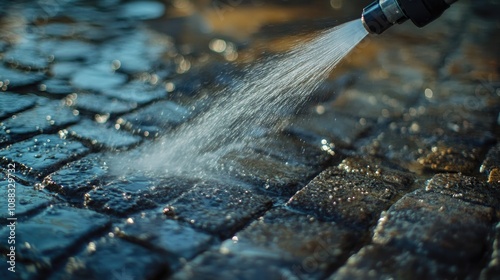 Close-up of a pressure washer spraying water onto a textured brick surface, showcasing the cleaning power and effectiveness of maintenance tasks.