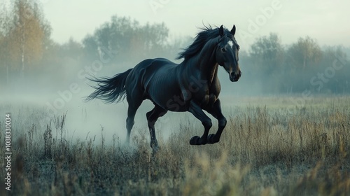 Strong black Warmblood horse galloping energetically through a misty morning field, surrounded by subtle autumn foliage and soft light.