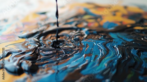 Artistic composition featuring vibrant paint colors disrupted by an oil spill, showcasing intricate patterns as dark oil cascades over a multicolored abstract surface.