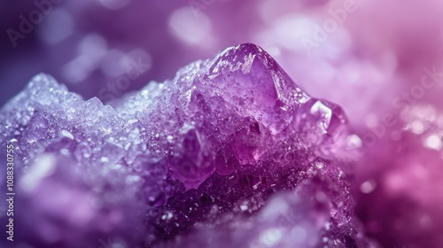 Macro close-up of vibrant lepidolite mineral showcasing intricate purple hues and crystalline structures glimmering with light.