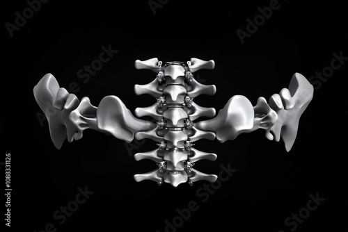 Postoperative X-ray of the lumbar spine with spinal fusion, showing metal implants