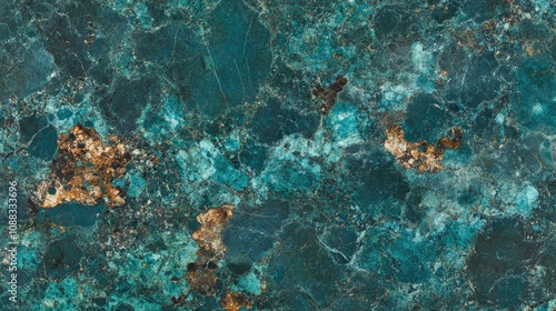 Textured dark verdigris concrete surface with rich turquoise tones and gold flecks, showcasing a unique organic pattern and depth.