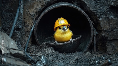 Canary wearing a miner's hard hat peering out from a mine shaft, symbolizing vigilance and warning against danger in dark underground settings.