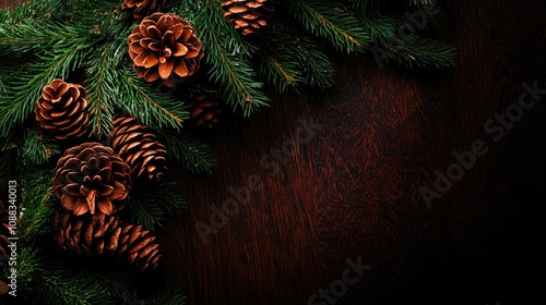 Christmas wreath adorned with pine needles and fir cones, set against a dark wooden background, offering ample space for personalized text or messages.