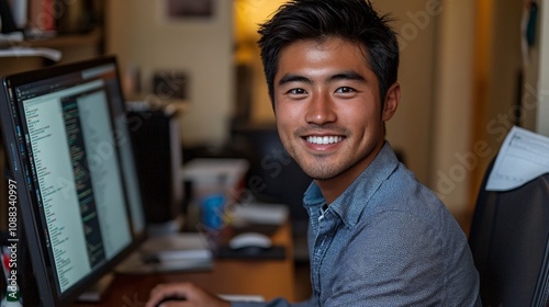 a smiling ethnically ambiguous male website coder (30 years old), wearing business casual clothing, working at a desktop computer, with coding on the screen, in a home office 