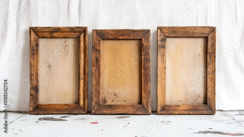 Set of three rustic wooden frames arranged vertically on a painted white backdrop, showcasing natural wood textures and a clean, minimalist style.