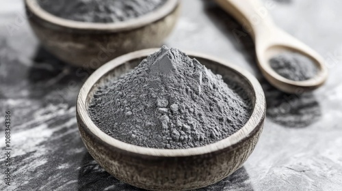 Gray powdered titanium dioxide in rustic wooden bowls, with a wooden spoon alongside, highlighting its industrial chemical nature and texture.