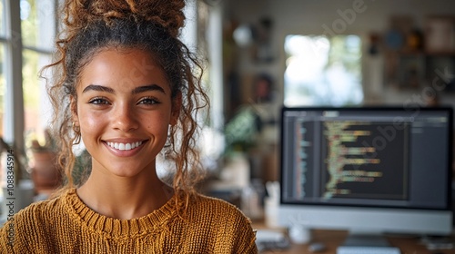 a smiling ethnically ambiguous female website coder, wearing business casual clothing, working at a desktop computer, with coding on the screen, in a home office with minimal clutter