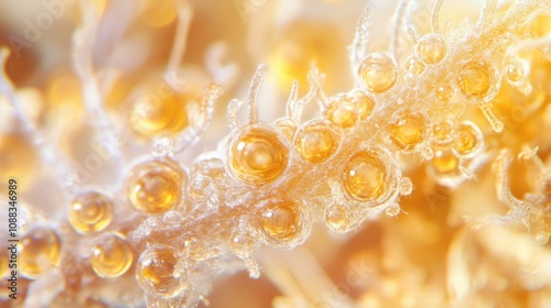 Intricate macro view of cannabis trichomes showing milky and amber resin droplets glistening under light, revealing their complex textures and hues.