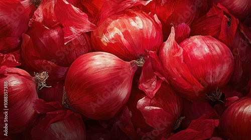 Large red onions clustered together against a vibrant backdrop, highlighting their rich color and natural sheen for an appealing fresh produce display.