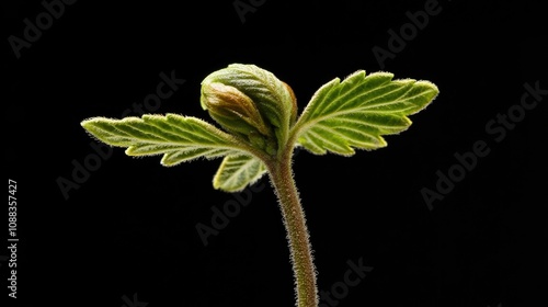 Young cannabis seedling showcasing initial true leaves and cotyledons against a black background, highlighting vibrant green foliage and intricate leaf patterns.