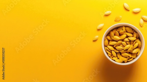 White bowl filled with vibrant yellow pumpkin seeds on a bright yellow background, with additional scattered seeds enhancing the lively composition.