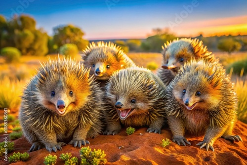 Four Smiling Echidnas in the Desert â€“ Unique Wildlife Documentary Photography of Australian Fauna, Nature Conservation, and Endangered Species in Arid Landscapes