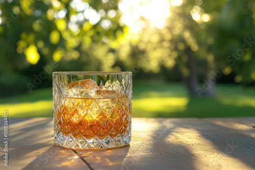 Glass of whiskey rests on a wooden table, bathed in warm natural light, casting a soothing amber hue. Subtle condensation on the glass adds to the inviting scene.