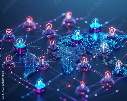 Generative AIenhanced global network, neonlit digital connections crisscrossing a 3D Earth, connecting diverse people and sleek business icons, ultramodern