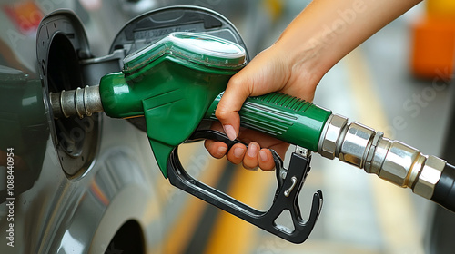 Refueling a car with unleaded petrol at a busy gas station, nozzle in hand and meter showing fuel details