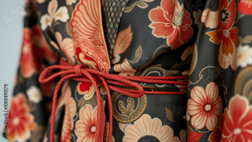 Close up view of intricately remade clothes crafted from vintage kimono fabric showcasing unique textile art and sustainable fashion