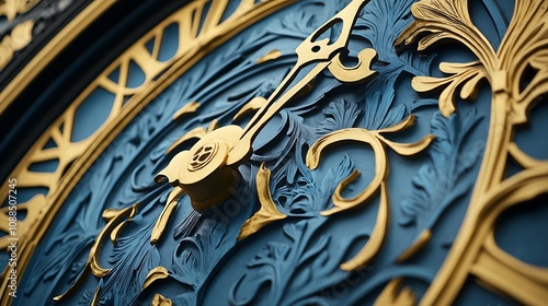 Close-up of an Ornate Clock Face with Golden Hands and Roman Numerals AI Generated