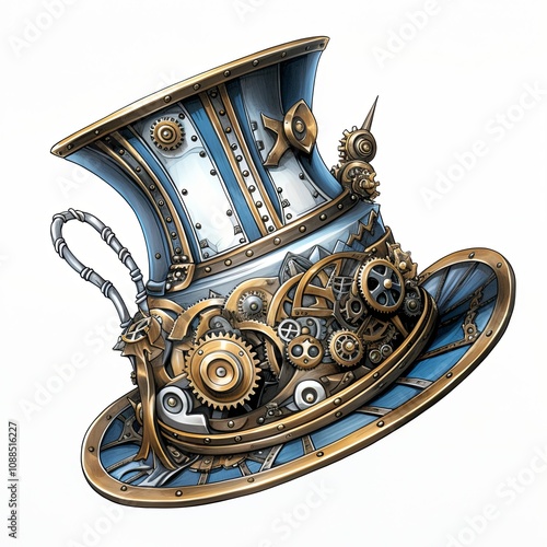 Steam-Powered Mad Hat in steampunk style, in black, white and blue colors on white background. This unique hat is intricately designed with gears, rivets, and a fascinating clockwork mechanism, making