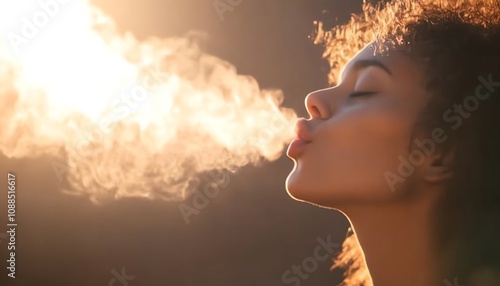 Woman exhaling smoke in warm sunlight.