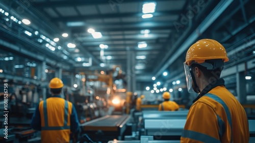 Workers in safety gear observe machinery in a large industrial facility.