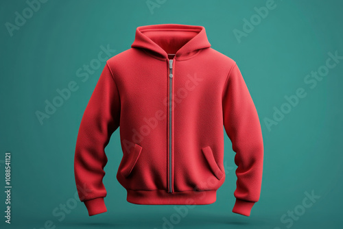 Red sweatshirt jacket on a green background.