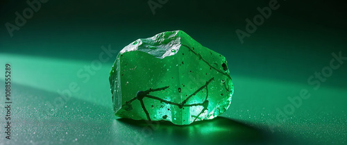 A green rock with a rough surface sits on a table. The rock is large and has a unique shape