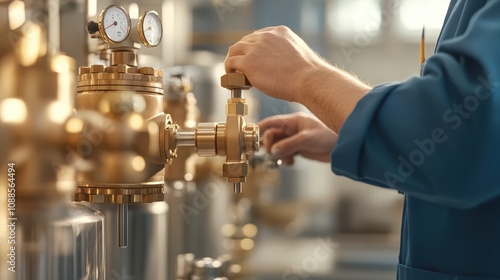 Technician adjusting valves and gauges on a gold refining machine in a precise processing environment