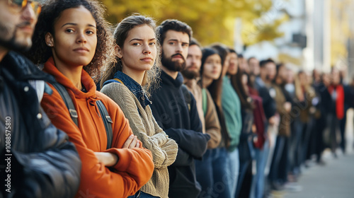 A long queue of people waiting patiently