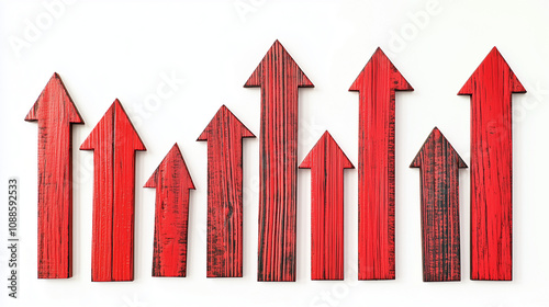 Drewniane strzałki w intensywnym czerwonym kolorze, wyrastające ku górze, tworzą czytelny obraz wzrostu i sukcesu na białym tle.